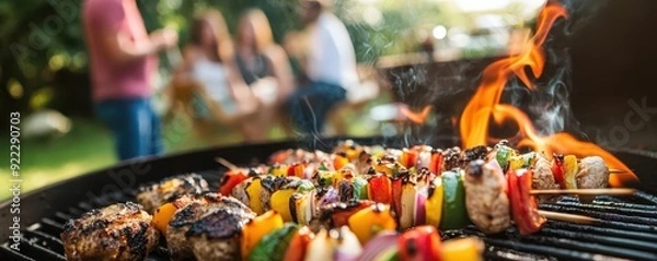 Obraz Delicious grilled skewers sizzling on the barbecue, perfect for summer gatherings with friends and family.