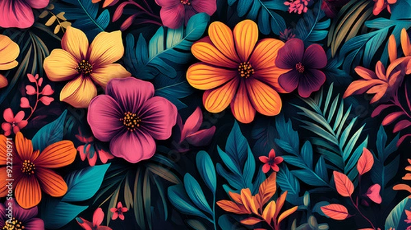 Fototapeta Lush floral pattern with vivid flowers and leaves, background for invitation, mother's day card