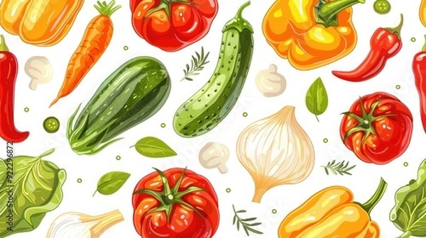 Fototapeta Juicy and fresh seamless pattern of assorted garden vegetables.