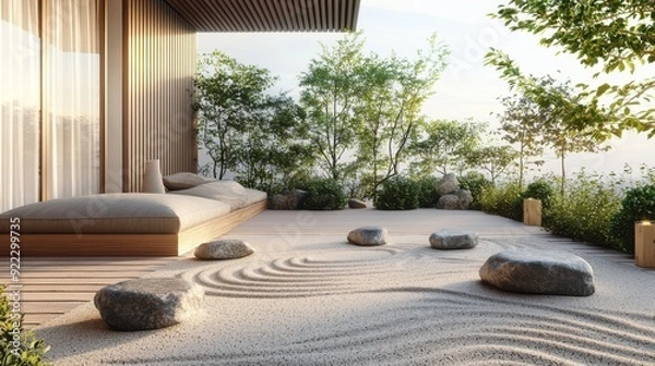 Fototapeta A serene outdoor space featuring zen garden elements, natural textures, and calming aesthetics perfect for relaxation and meditation.