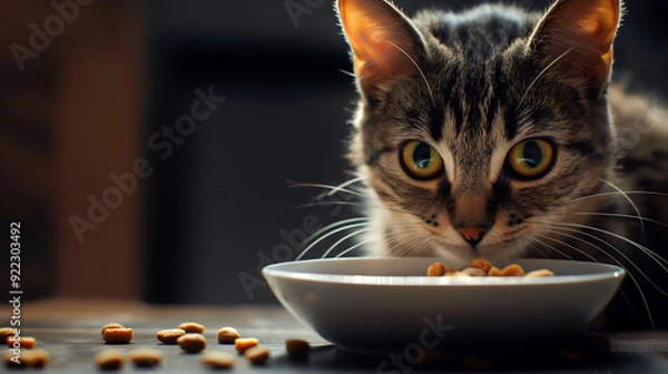 Fototapeta A cat looking at full bowl of cat food