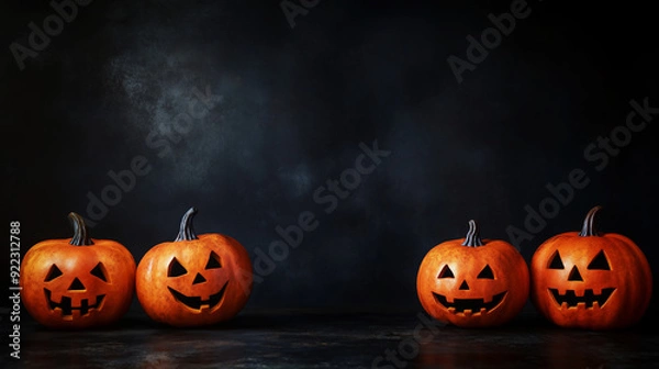 Fototapeta Halloween pumpkins lined up on a dark background with copy space, a Halloween concept.