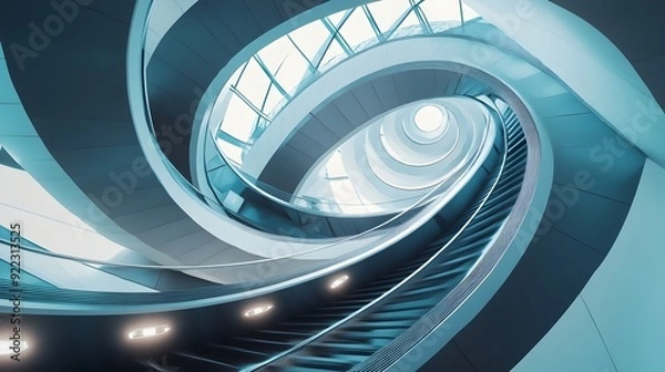 Fototapeta Futuristic Spiral Staircase in Sleek High-Tech Building Showcasing Modern Architecture