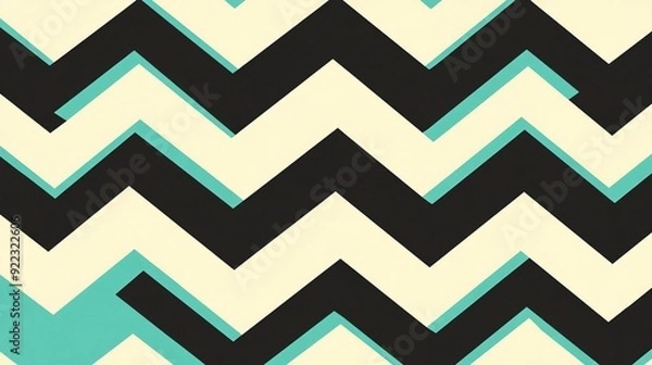 Fototapeta Abstract chevron pattern with black, cream, and teal zigzag lines on a light background