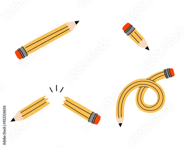 Fototapeta A set of different yellow pencils. Small, broken, bended, knotted. Back to school elements. Fun art supplies.