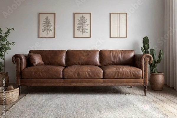 Fototapeta A brown leather couch with a white rug in front of it