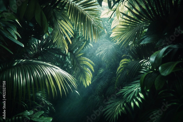 Fototapeta A dense, misty rainforest with lush green foliage and beams of sunlight filtering through the canopy.
