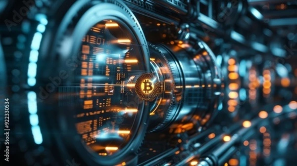 Obraz A futuristic vault filled with glowing cryptocurrency coins, dark tones, high tech