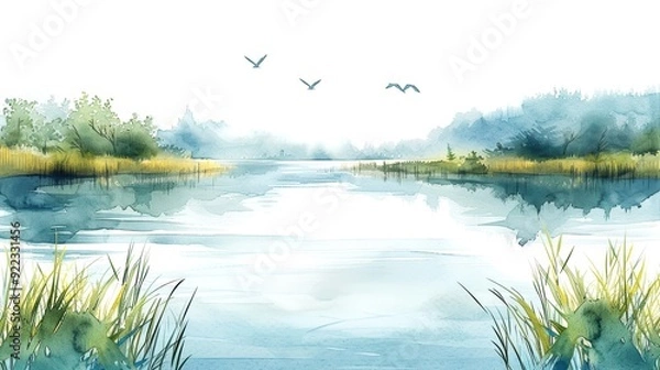 Fototapeta Serene watercolor painting of a calm lake with distant trees, lush grass, and birds flying in the sky, creating a peaceful natural scene.