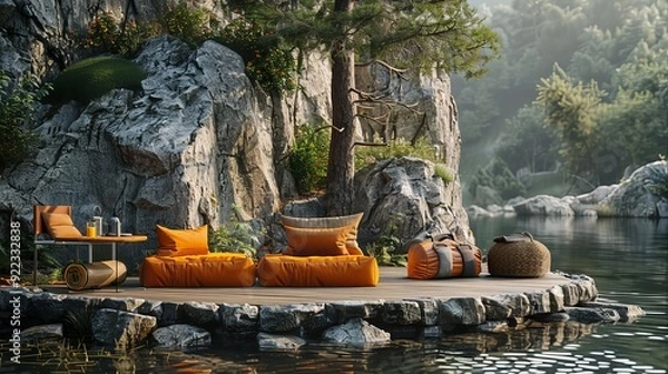 Obraz A podium with a rustic stone base, natural lighting, showcasing outdoor gear