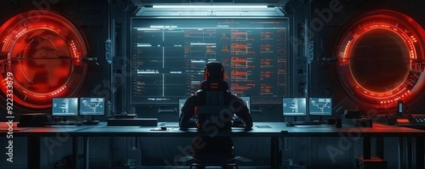 Fototapeta A robot guarding a vault of digital assets, futuristic, dark tones, high detail