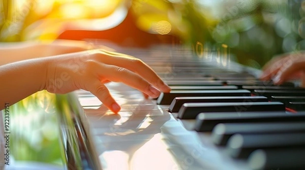 Obraz Minimalist child playing the piano, single key in focus, white background