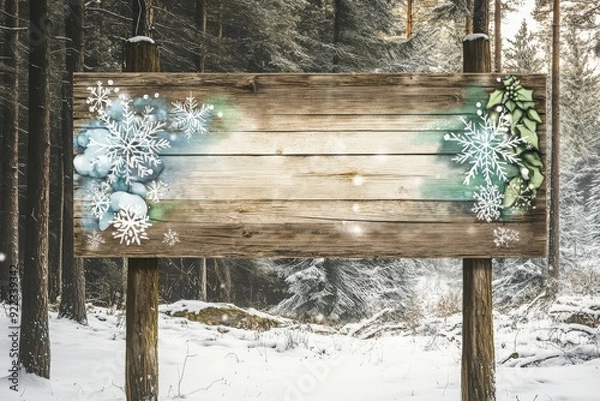 Fototapeta A rustic wooden sign with wintery decorations stands in a snowy forest. The sign is blank, perfect for adding your own message.