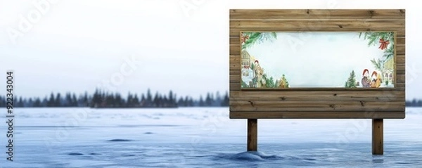 Fototapeta Wooden sign with blank space stands in a frozen lake with a forest in the background.