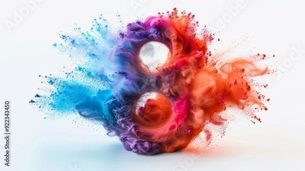 Fototapeta Colorful swirling smoke forms a dynamic abstract design with spheres at its center