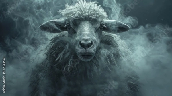 Obraz A sheep surrounded by swirling mist in a dark, atmospheric setting at dawn
