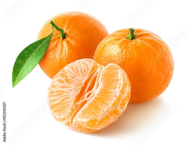 Obraz Two whole and half of peeled tangerine, mandarin or clementine on white background