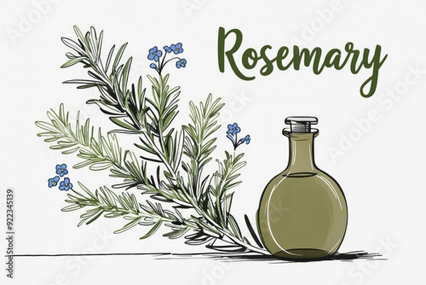 Obraz Text "Rosemary" on a white background with an image of a sprig of rosemary and a bottle of oil. AI