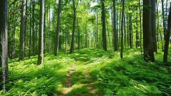 Obraz Photographer capturing forest scenes, natural landscape walking tour, artistic nature exploration