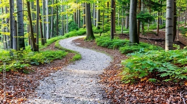 Obraz Sunlit forest trail with autumn leaves, peaceful woodland walking path, calm and tranquility
