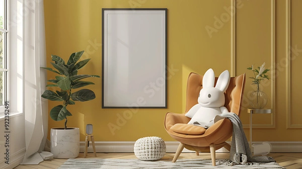 Fototapeta A white rabbit plush toy sits in a cozy armchair in a modern living room with a yellow wall and a large blank picture frame.