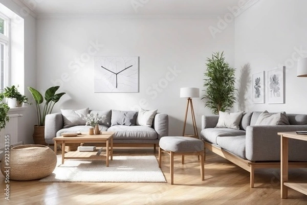 Fototapeta A living room with a white wall and a large window. The room is furnished with a couch, a coffee table, and a potted plant. There are also two chairs and a vase on the coffee table