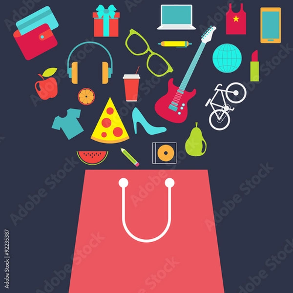 Obraz Shopping bag with purchase. Flat design vector background