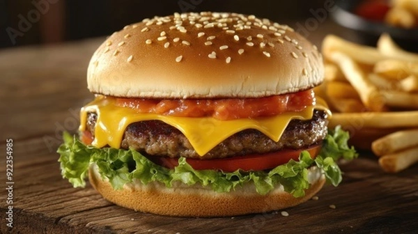 Fototapeta Classic American cheeseburger with melted cheese, lettuce, and tomatoes on a sesame seed bun, served with fries.