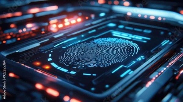 Fototapeta Close-up of a digital fingerprint scanner on a sleek, high-tech device with glowing elements