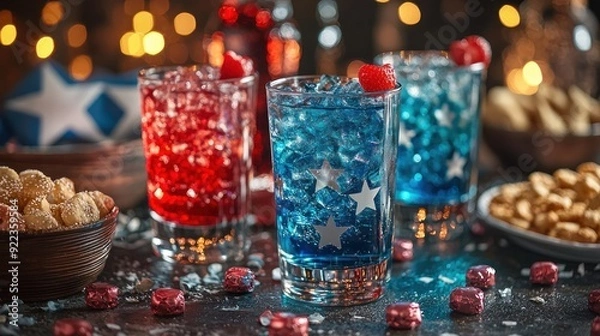 Obraz  A table with red, yellow, and blue drinks and snacks 