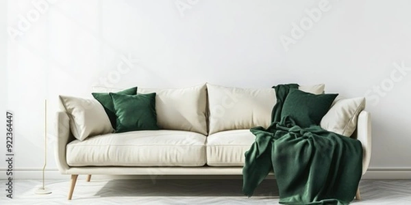Obraz A modern living room with a minimalist design, featuring white walls and a colorful sofa adorned with throw pillows.