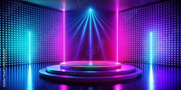 Fototapeta Vibrant pink and ultraviolet hues burst from a futuristic podium, set against a neon glowing dotted abstract floor, surrounded by a radiant blue 3D screen backdrop.