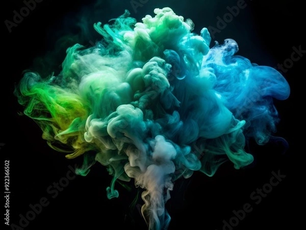 Fototapeta Ethereal cloud of swirling green and blue smoke unfurls on a dark isolated background, evoking a mysterious and ominous atmosphere, perfect for horror or thriller themes.