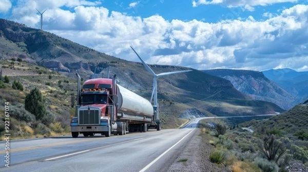 Fototapeta Semi-trucks loaded with wind turbine blades driving on a scenic route