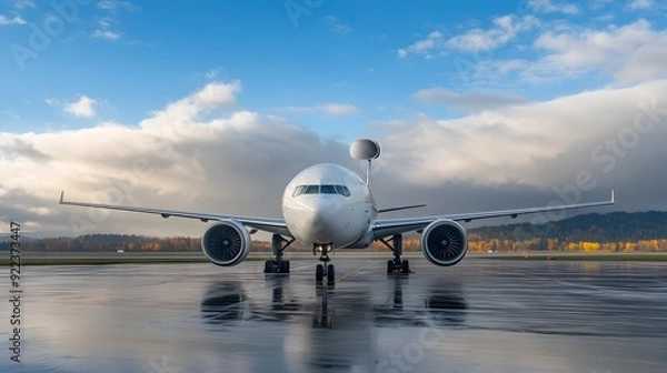 Fototapeta Cutting-edge Connectivity in Commercial Aviation with Visible Satellite Dish
