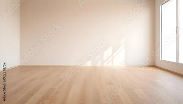 Fototapeta Empty wooden floor with plain beige wall background.