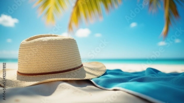Fototapeta Blue Towel and Straw Hat on Sandy Beach, A sunny beach scene with a blue towel and a straw hat resting on soft sand. Palm trees sway in the background, creating a tropical paradise vibe.