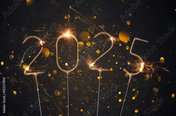 Obraz 2025 Happy new year Silvester greeting card with burning golden sparklers shiny glitter lights bokeh