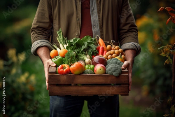 Fototapeta man holding a crate with fresh vegetables in a garden, Generative AI