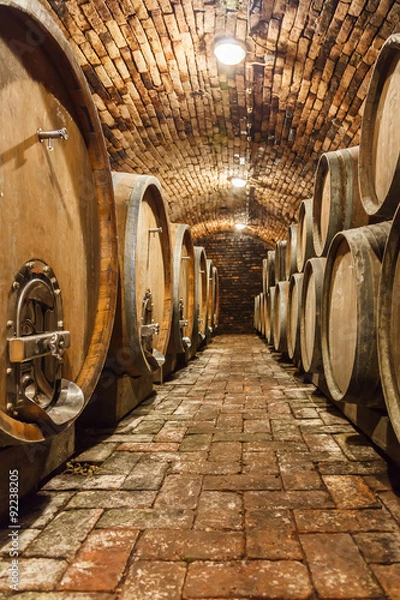 Obraz Oak barrels in a underground wine cellar