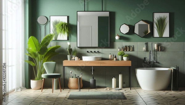 Fototapeta Modern bathroom interior with sink, mirror with green wal. Generative AI.