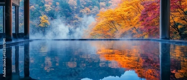 Fototapeta An onsen in Japan surrounded by autumn foliage, with steam gently rising from the water, reflecting the vibrant colors