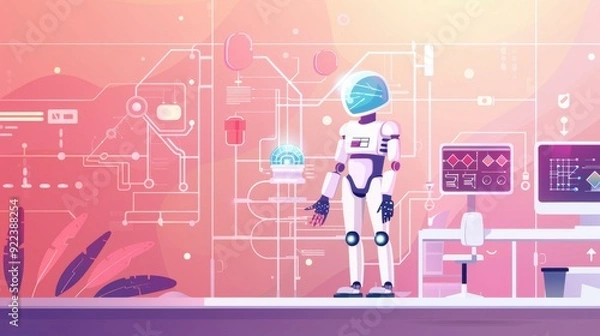 Fototapeta AI for materials science, research lab, flat design illustration