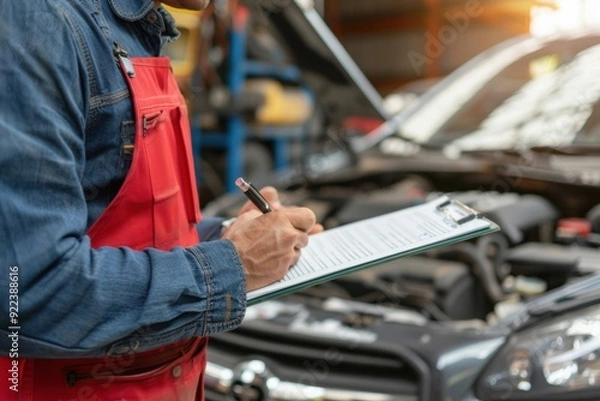 Fototapeta Closeup car repairman writing job checklist on clipboard and standing in front of open car engine