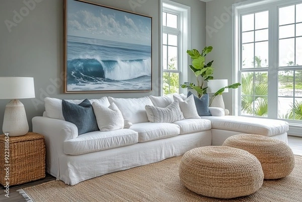 Fototapeta modern coastal living room elegant white sofa large ocean artwork natural textures soft blues and sandy neutrals airy space with subtle nautical touches and clean lines