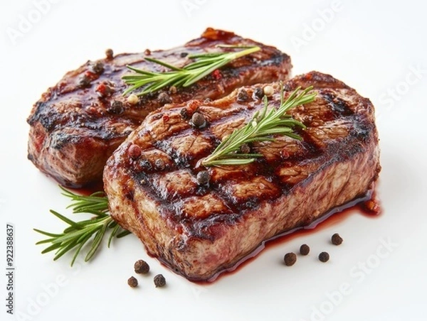 Fototapeta Two steaks on a plate with rosemary