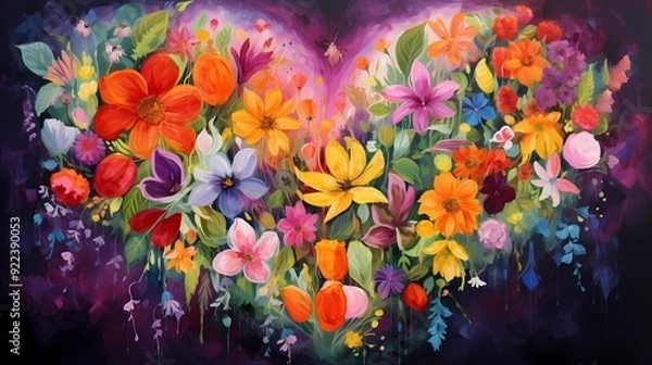 Fototapeta A heart-shaped floral arrangement with vibrant colors and intricate details, perfect for romantic or festive themes.