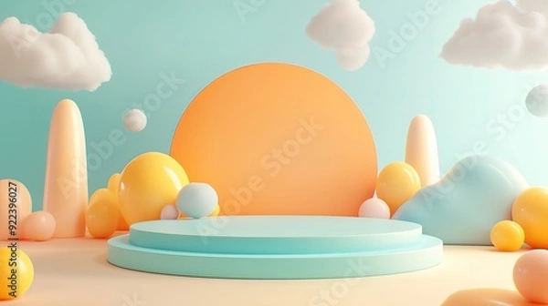 Fototapeta Cute cartoon green background with a circular podium.