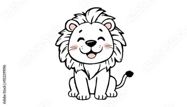 Fototapeta Cartoon illustration of a smiling white lion with black outline, black and white coloring pages.