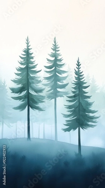 Fototapeta Serene forest landscape featuring tall pine trees surrounded by mist, creating a tranquil and calming atmosphere.
